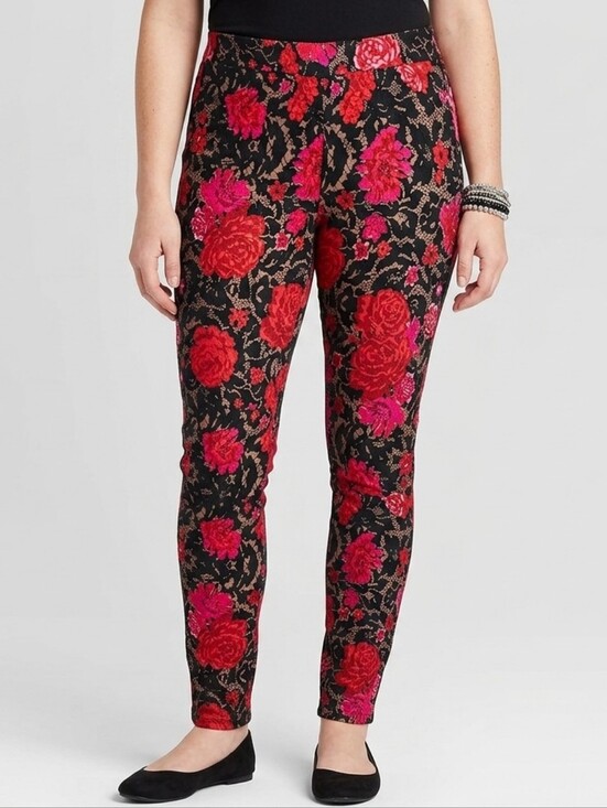 VENUS Pants - Venus Red/Black/Pink Floral & Lace Print Leggings Size L Stretchy Flattering